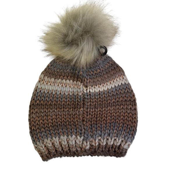 NWT Copper Metallic Striped With Faux Fur Pom Pom Beanie - Picture 3 of 8